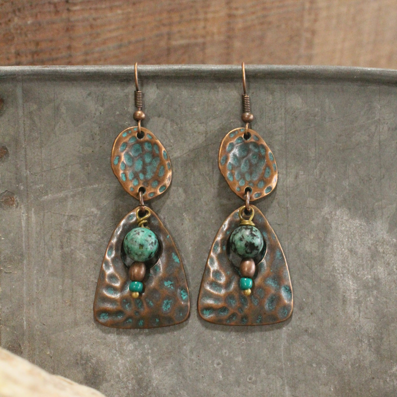 Verdigris Boho Ethnic Dangle Copper Hammered Earrings