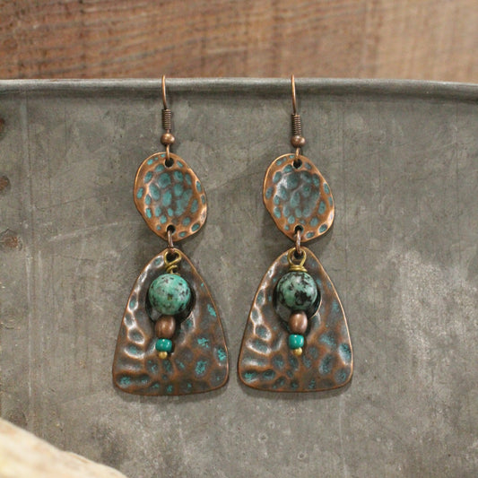 Verdigris Boho Ethnic Dangle Copper Hammered Earrings