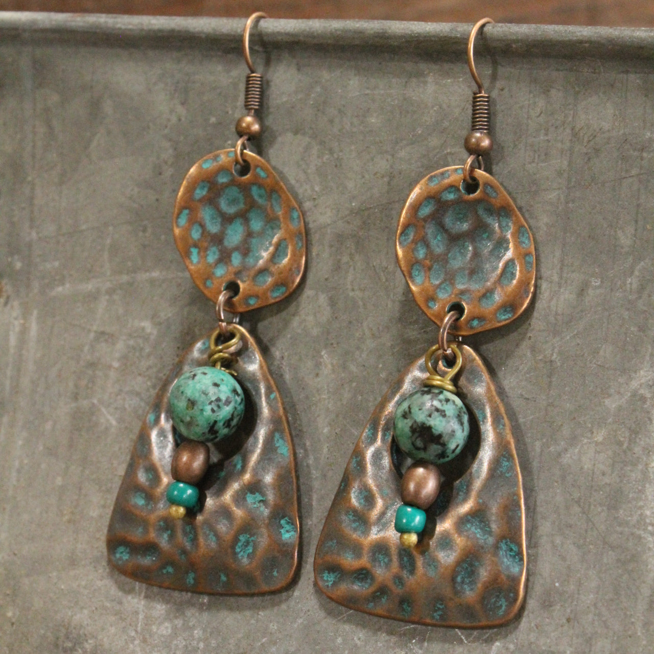 Verdigris Boho Ethnic Dangle Copper Hammered Earrings