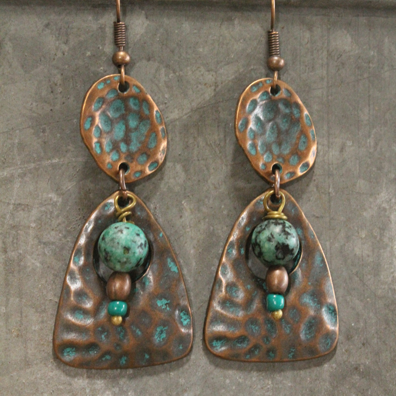 Verdigris Boho Ethnic Dangle Copper Hammered Earrings