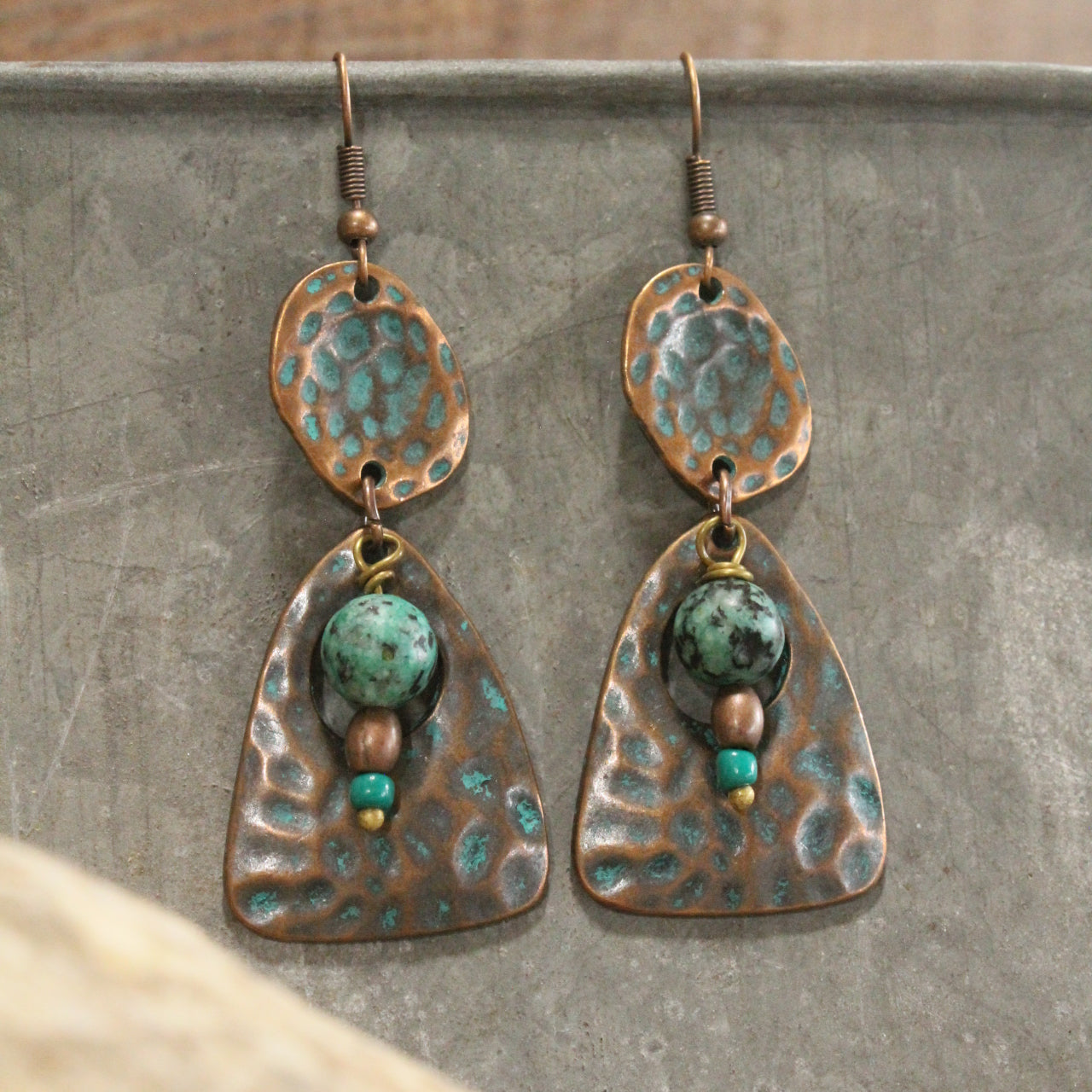 Verdigris Boho Ethnic Dangle Copper Hammered Earrings