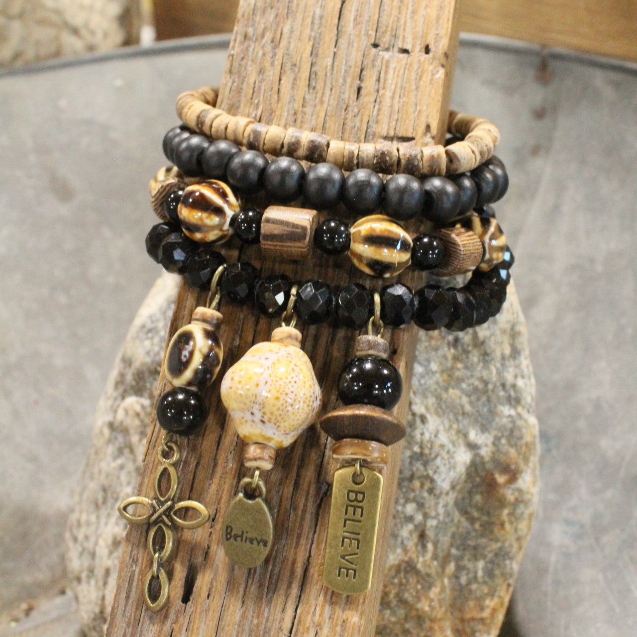 Shades Of Black Cross Charm'd Bracelet Set