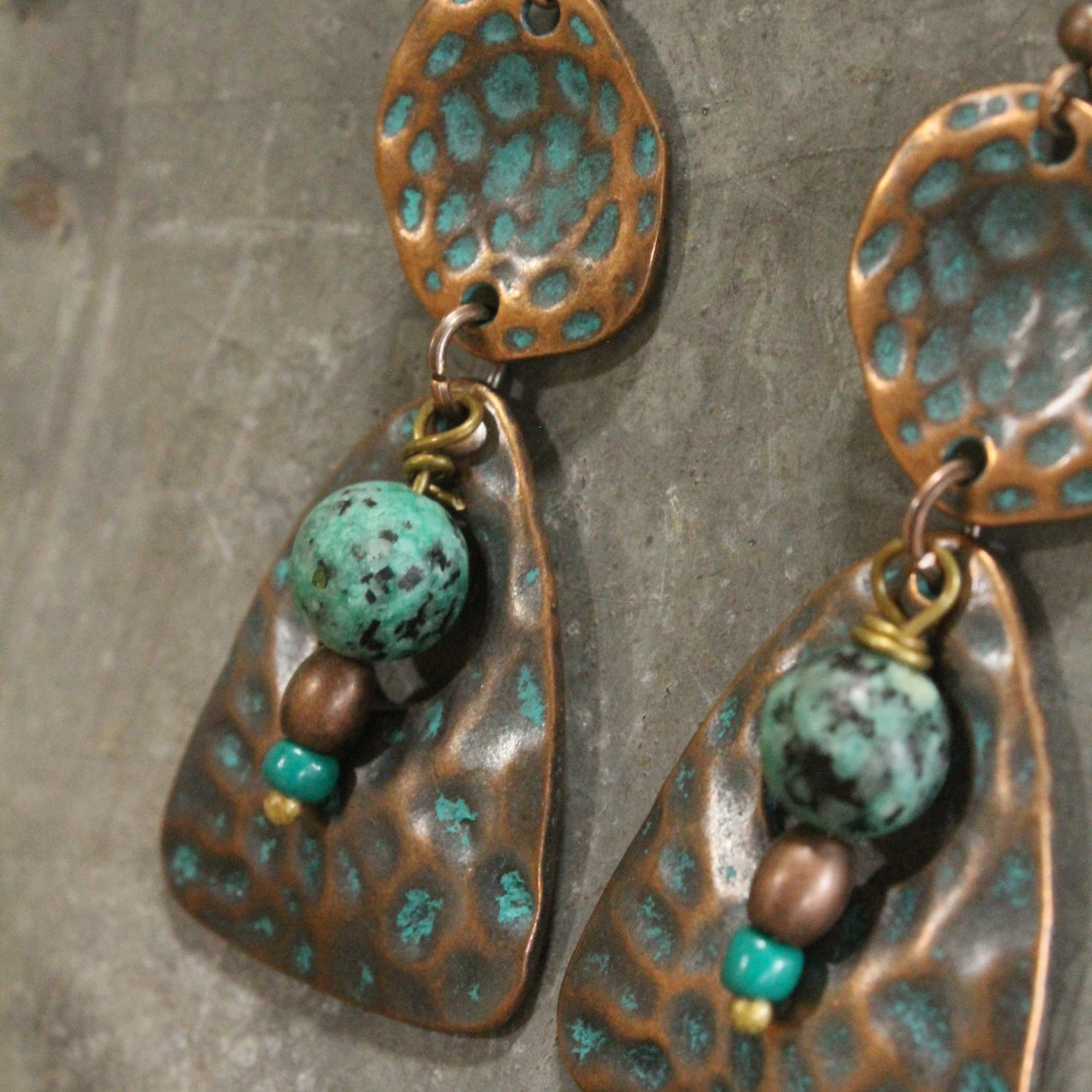 Verdigris Boho Ethnic Dangle Copper Hammered Earrings