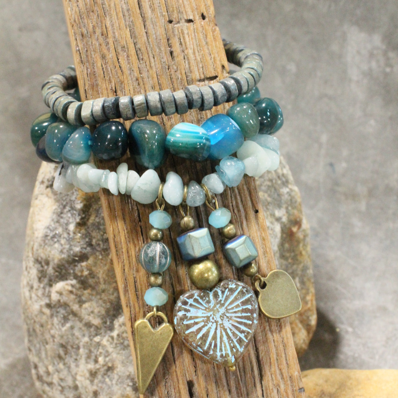 Shades Of Blue Heart Czech Charm'd Bracelet Set