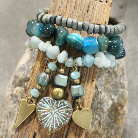 Shades Of Blue Heart Czech Charm'd Bracelet Set