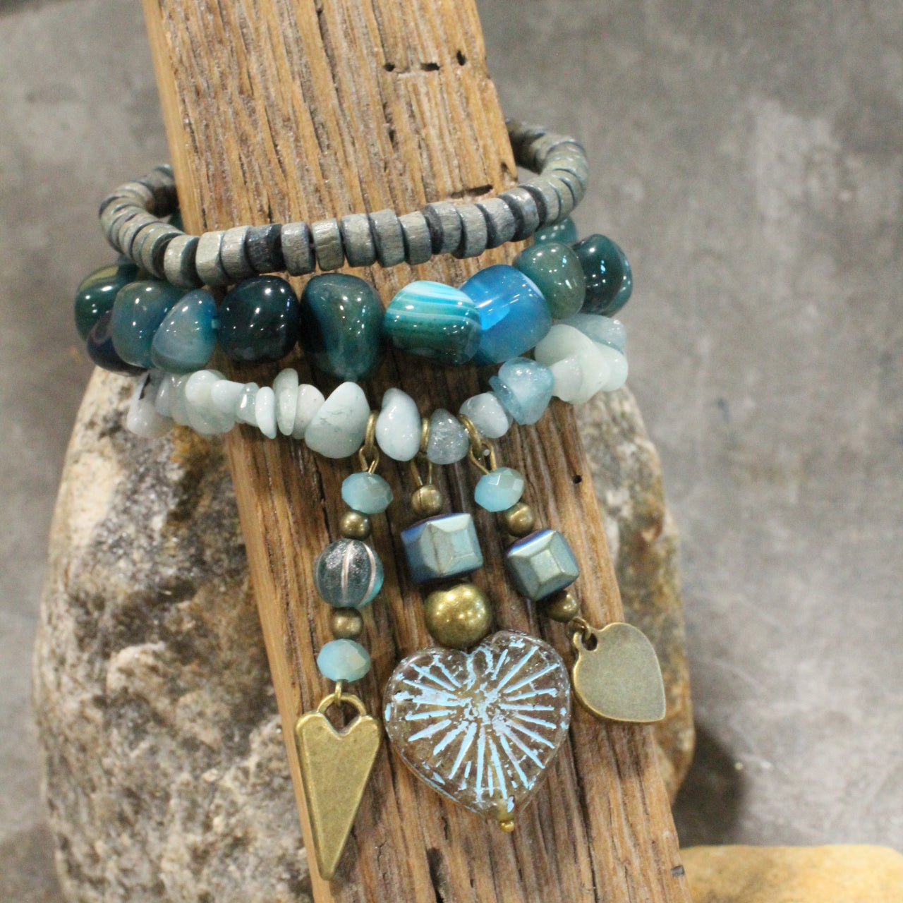 Shades Of Blue Heart Czech Charm'd Bracelet Set
