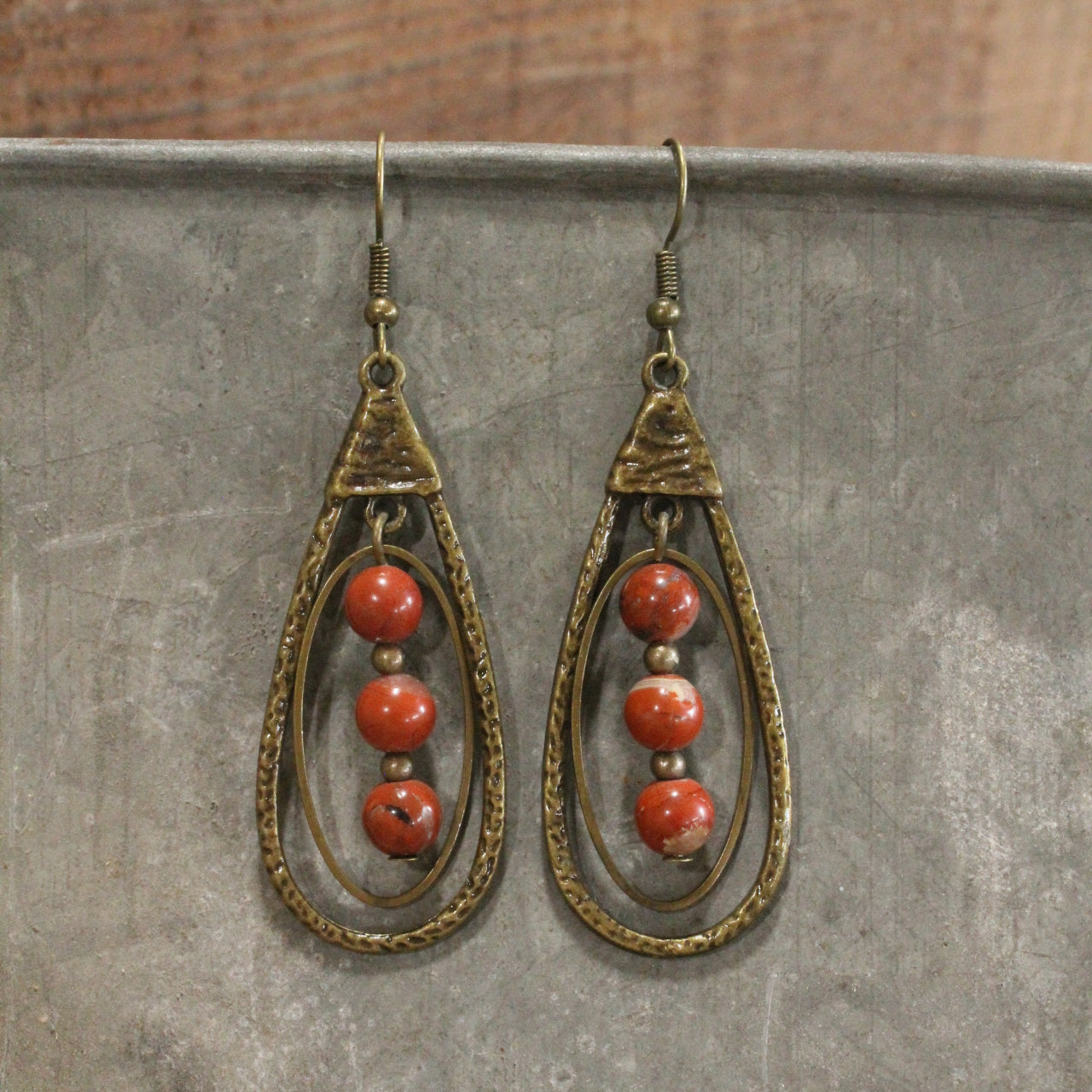 Bronze Teardrop Rusty Red Stone Dangle Earrings