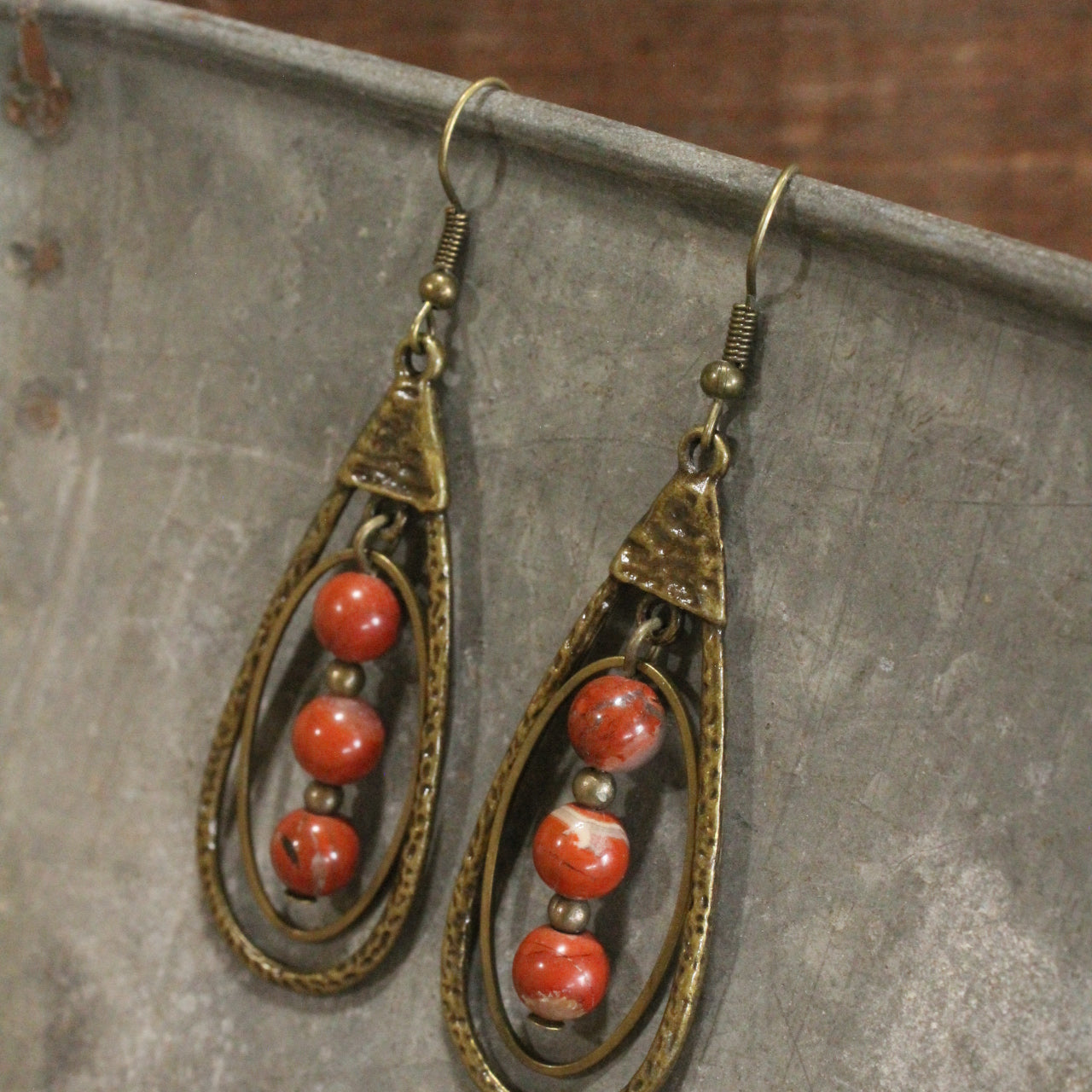 Bronze Teardrop Rusty Red Stone Dangle Earrings