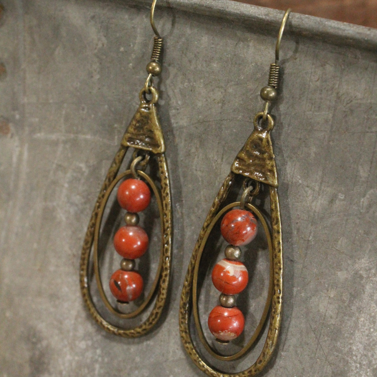 Bronze Teardrop Rusty Red Stone Dangle Earrings