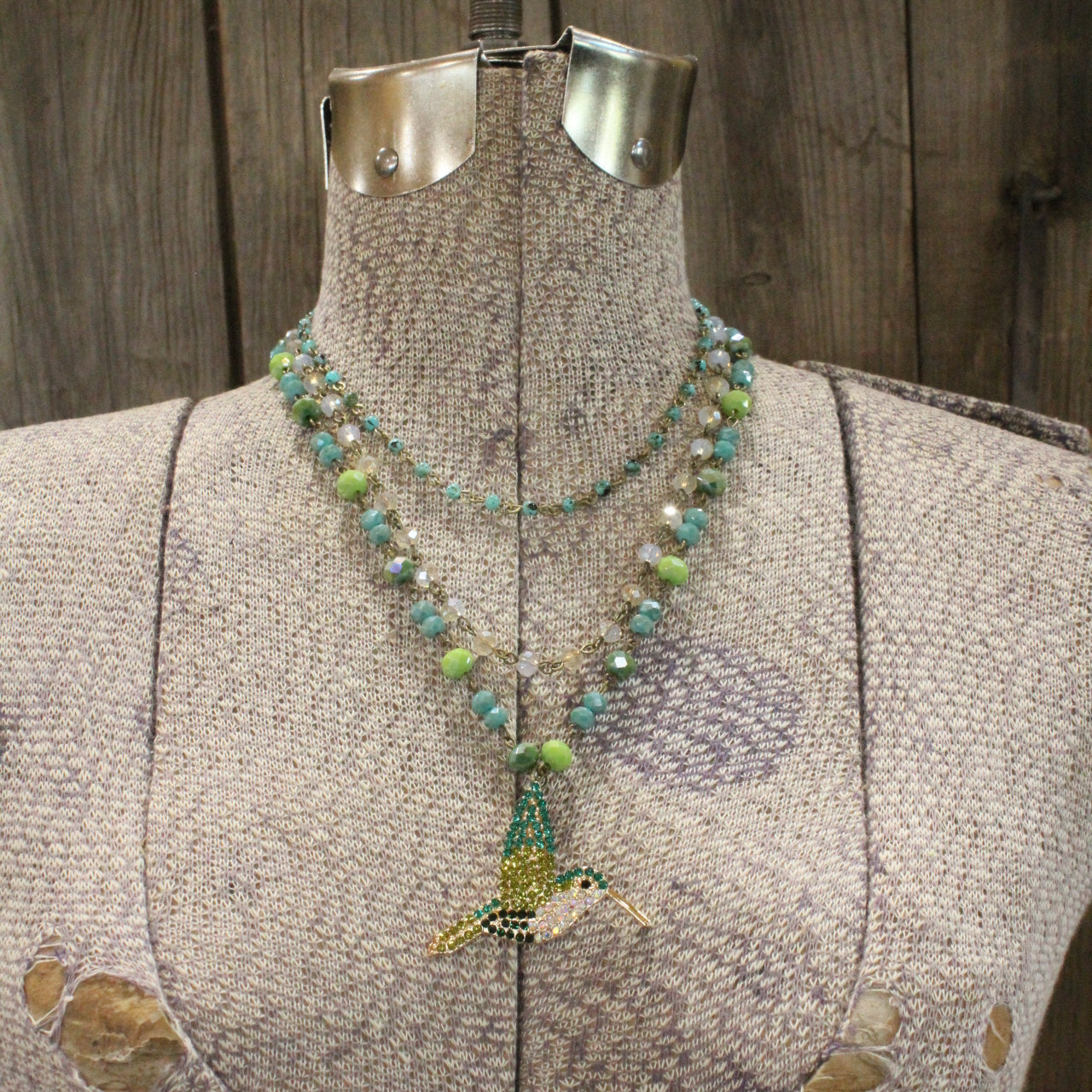 Just Humming Along Green Toned Bird Layered Necklace
