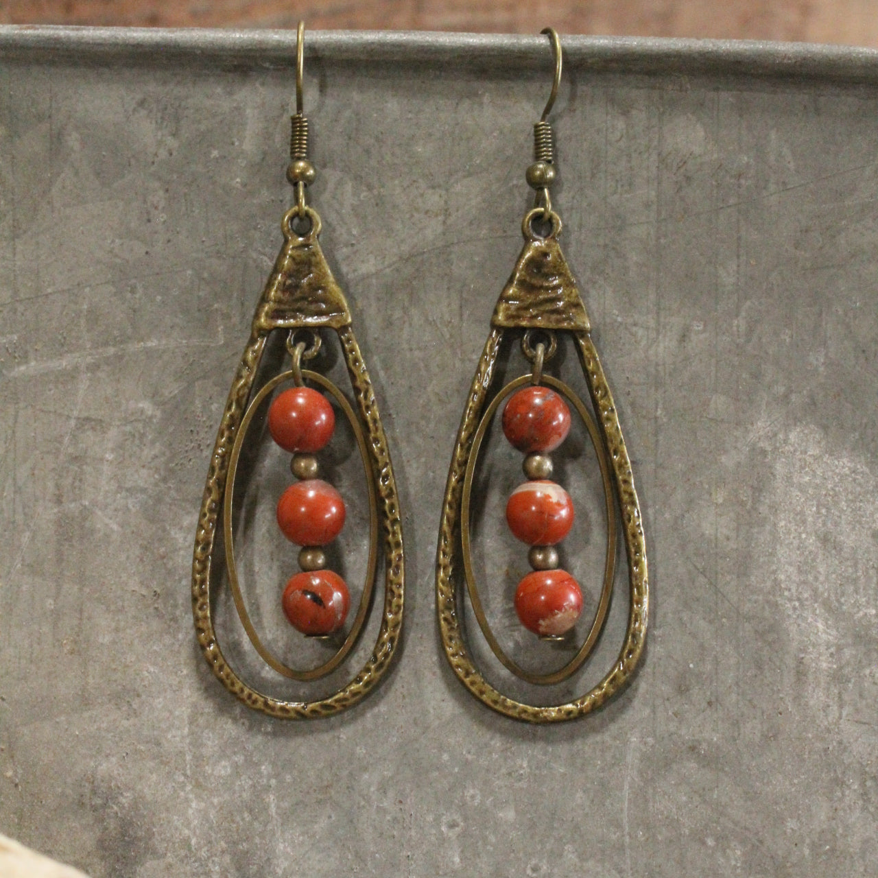 Bronze Teardrop Rusty Red Stone Dangle Earrings