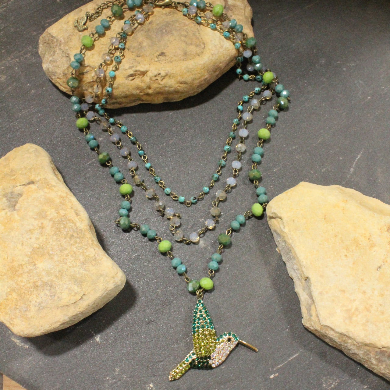 Just Humming Along Green Toned Bird Layered Necklace