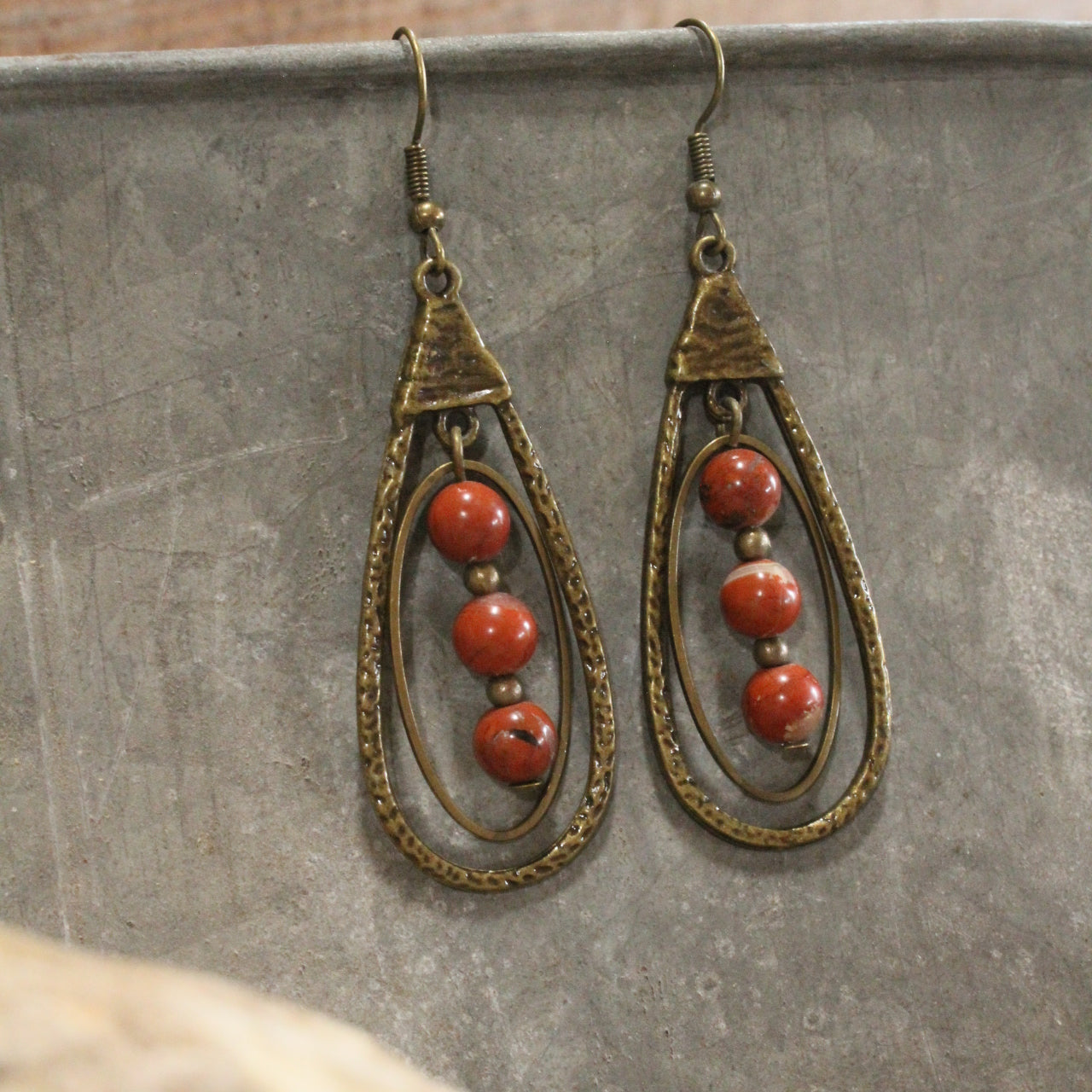 Bronze Teardrop Rusty Red Stone Dangle Earrings