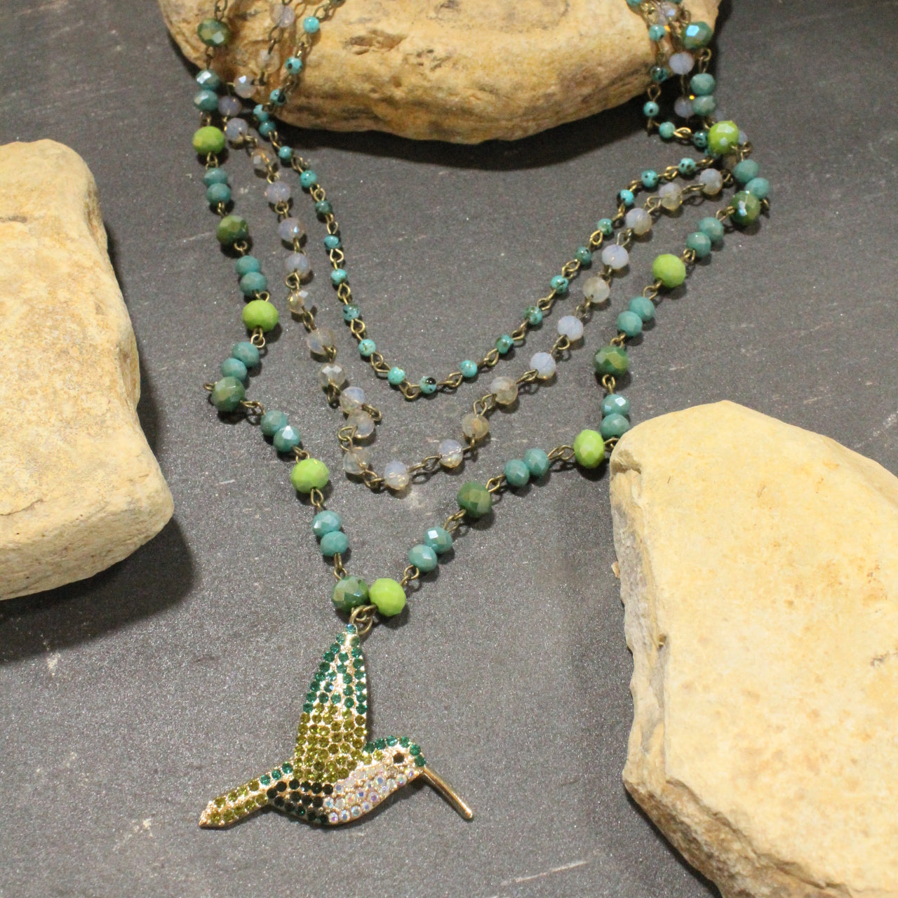 Just Humming Along Green Toned Bird Layered Necklace
