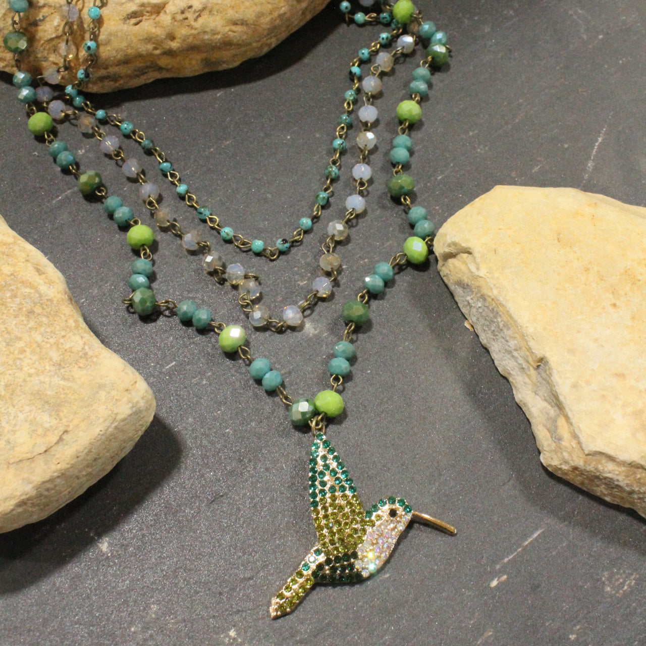 Just Humming Along Green Toned Bird Layered Necklace