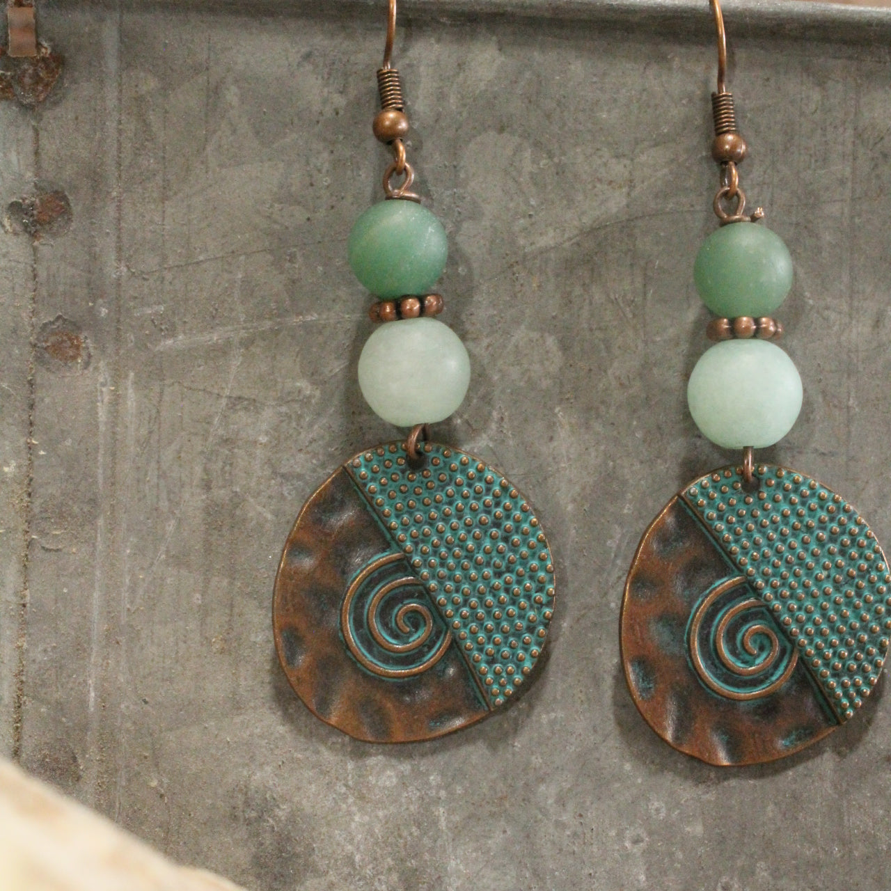 Verdigris Bronze Geometric Dangle Earrings