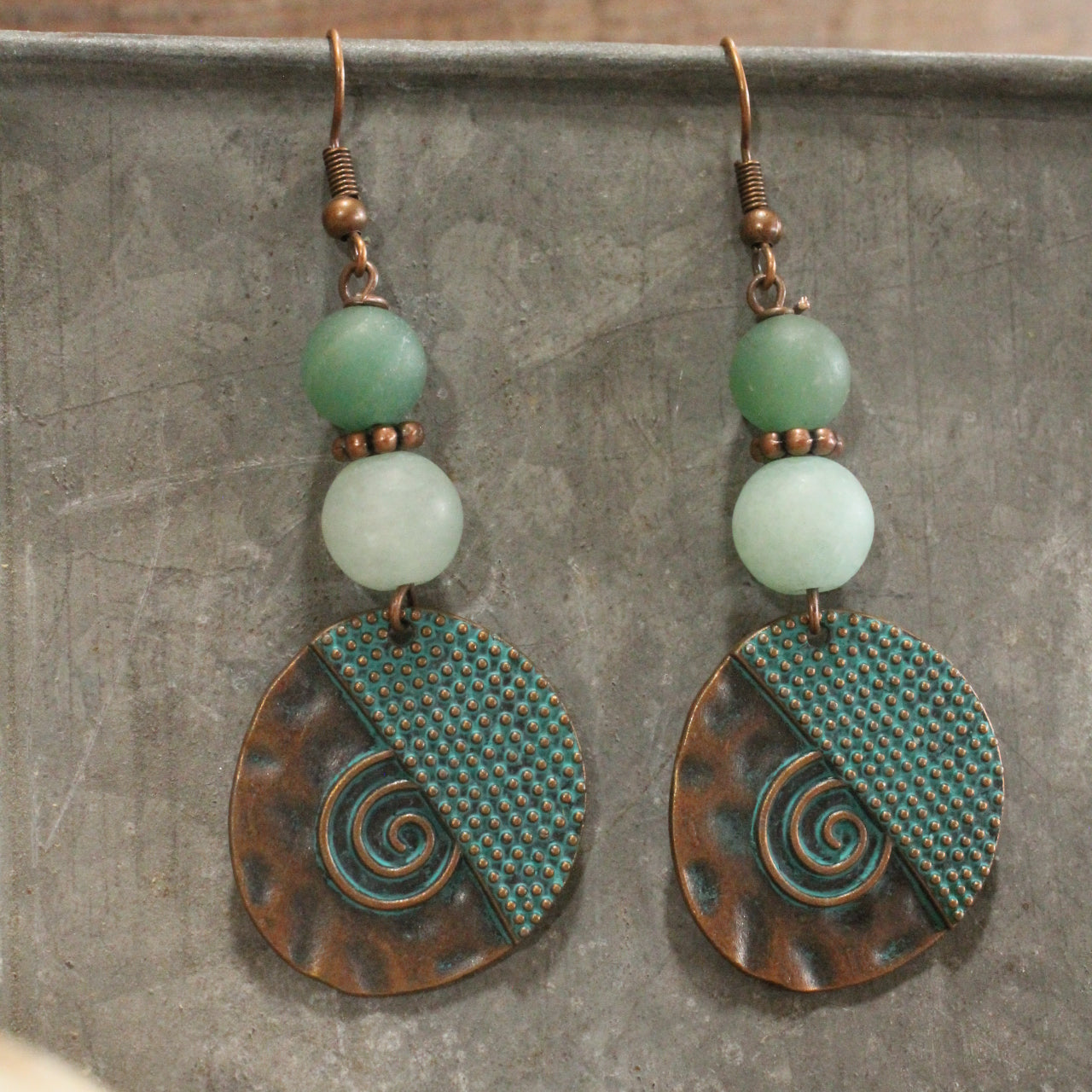 Verdigris Bronze Geometric Dangle Earrings