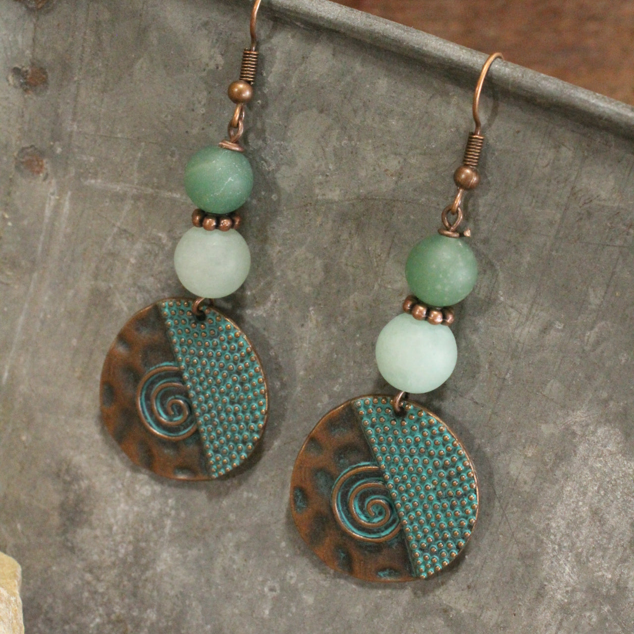 Verdigris Bronze Geometric Dangle Earrings