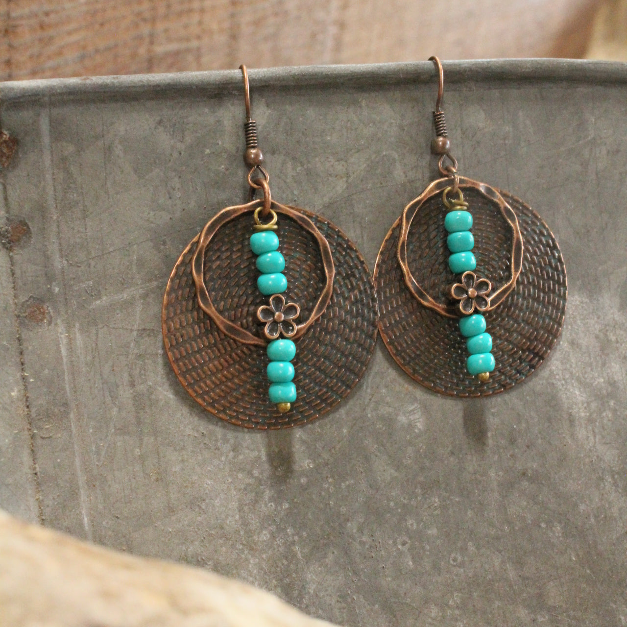 Verdigris Gypsy Bronze Round Art Dangle Earrings