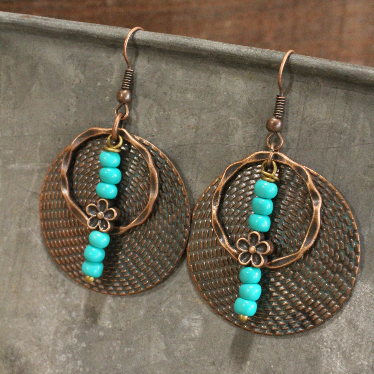 Verdigris Gypsy Bronze Round Art Dangle Earrings