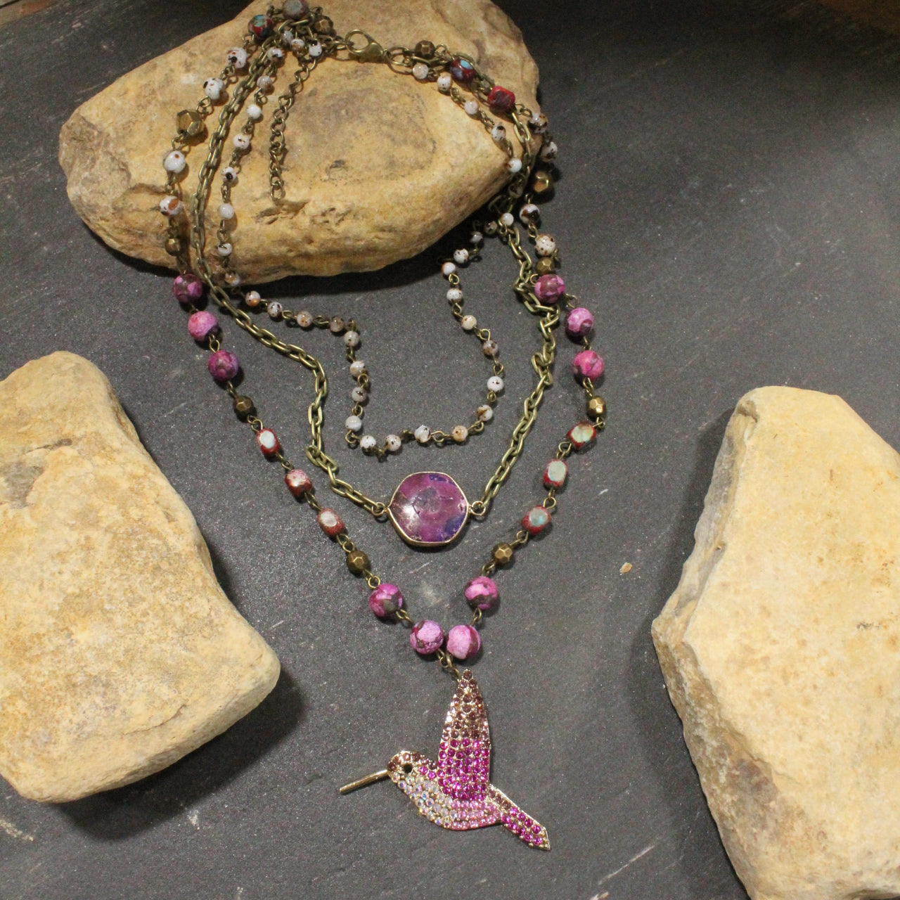 Just Humming Along Pink Toned Bird Layered Necklace