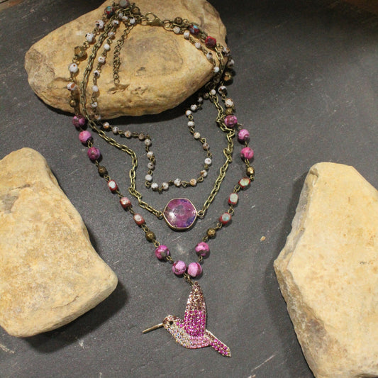 Just Humming Along Pink Toned Bird Layered Necklace