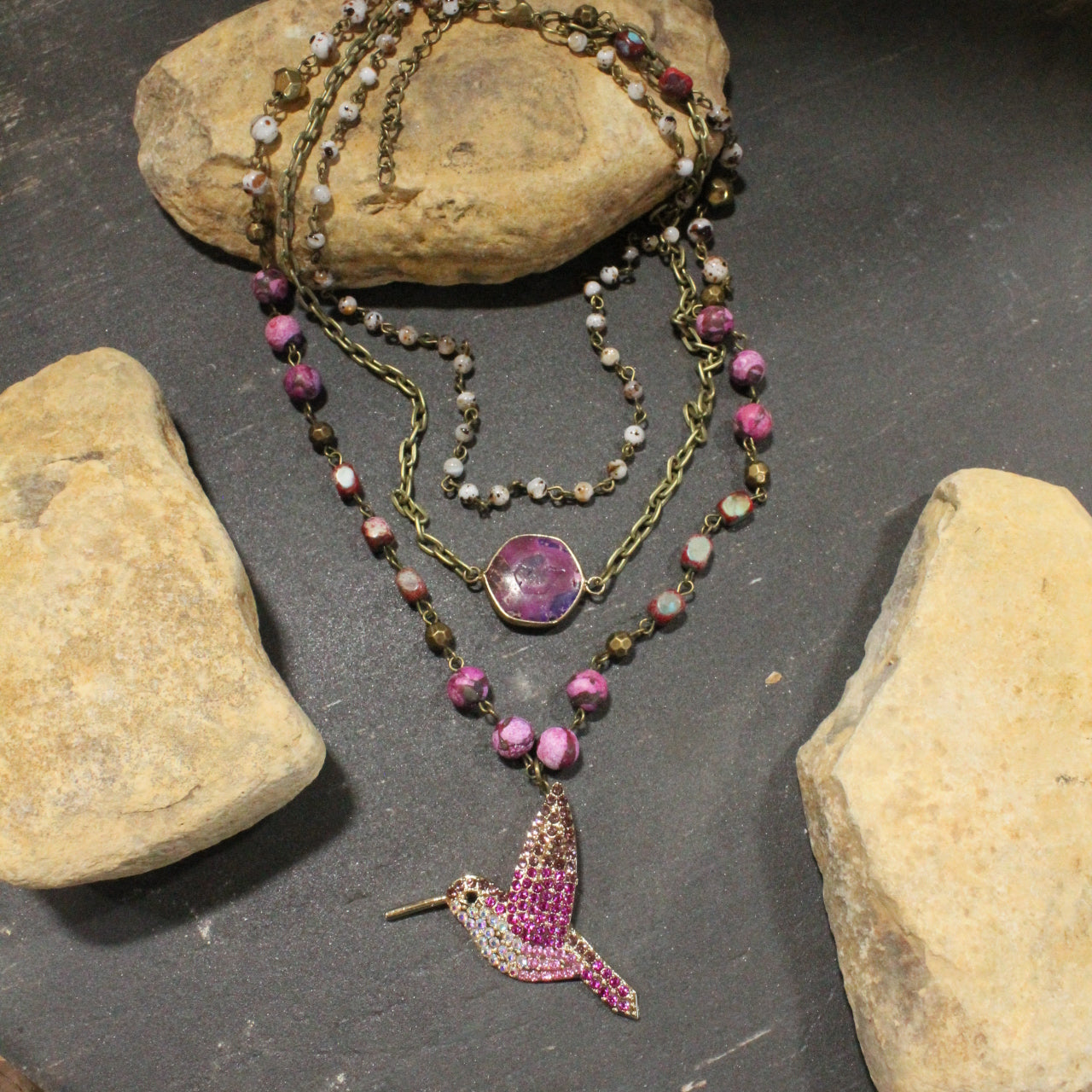 Just Humming Along Pink Toned Bird Layered Necklace