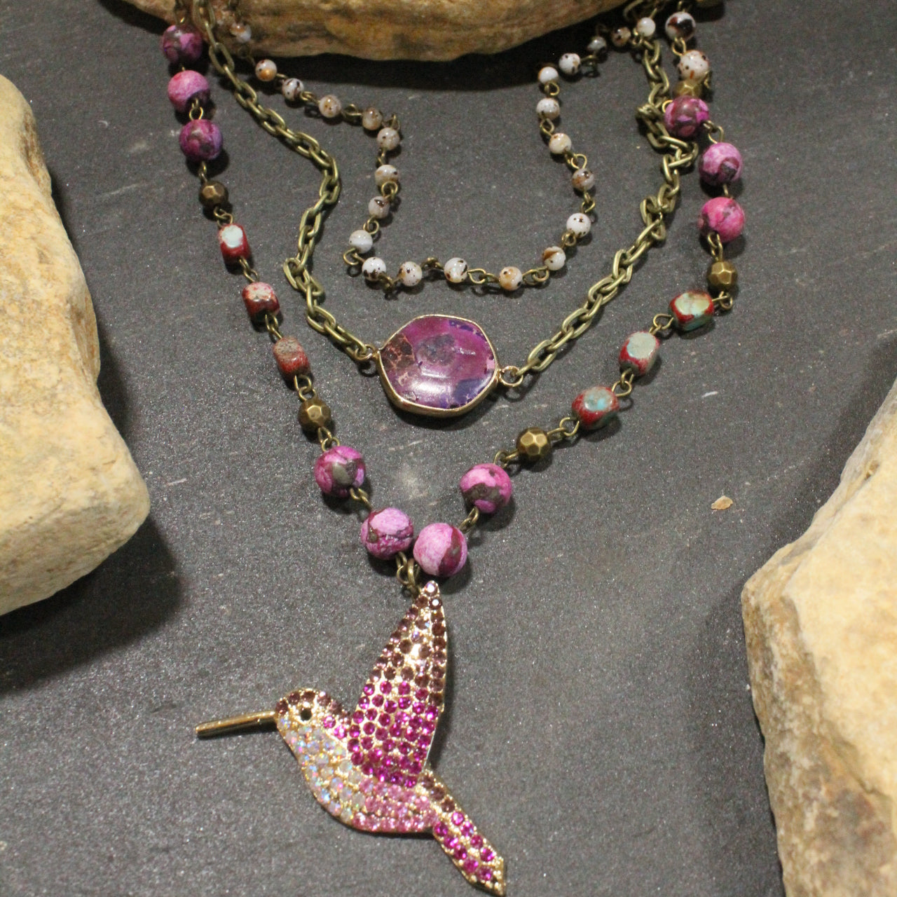 Just Humming Along Pink Toned Bird Layered Necklace