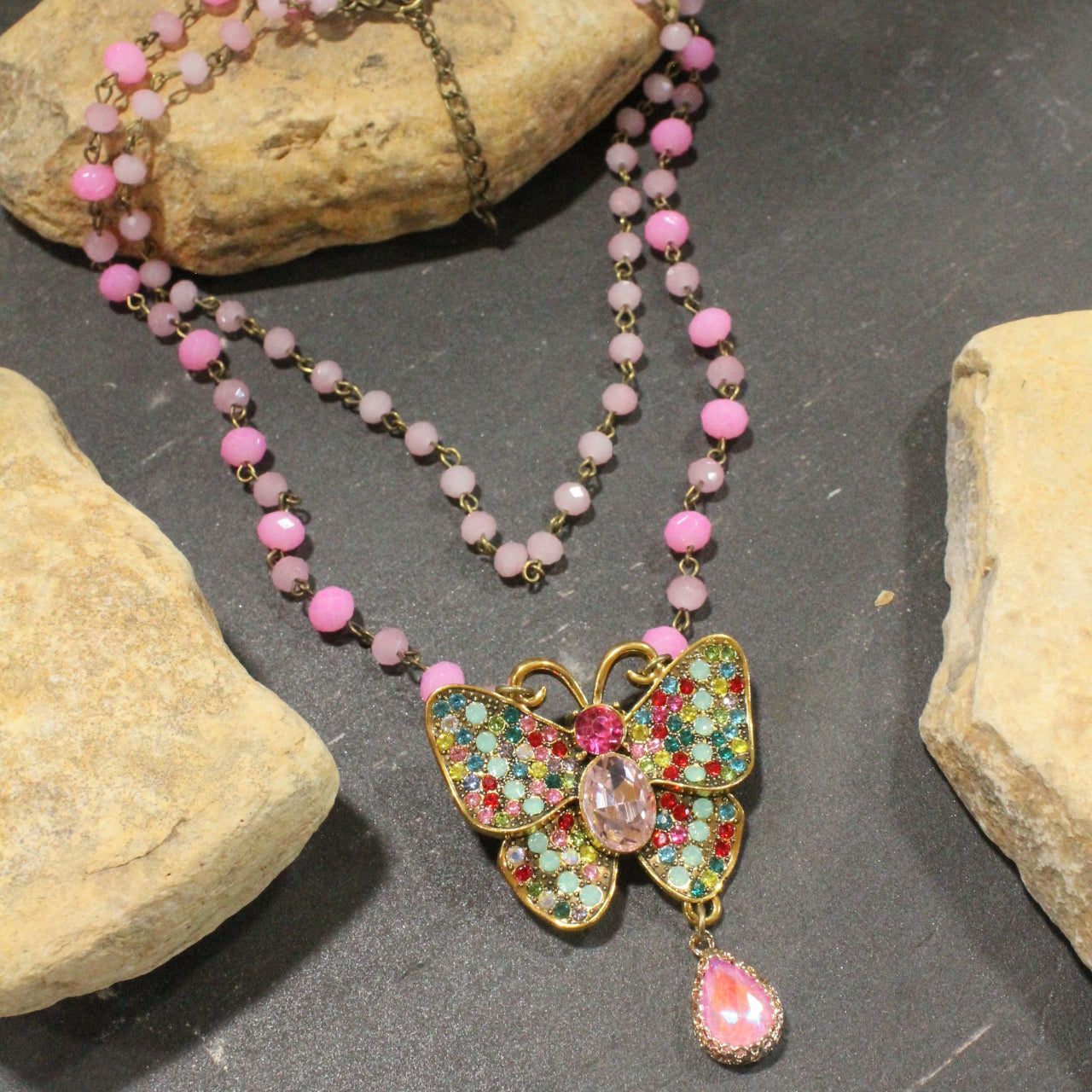 I Can Fly Pink Butterfly Layered Necklace