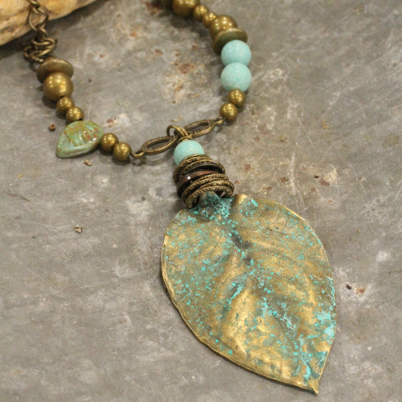 Verdigris Czech & Leaf Fall Pendant Necklace