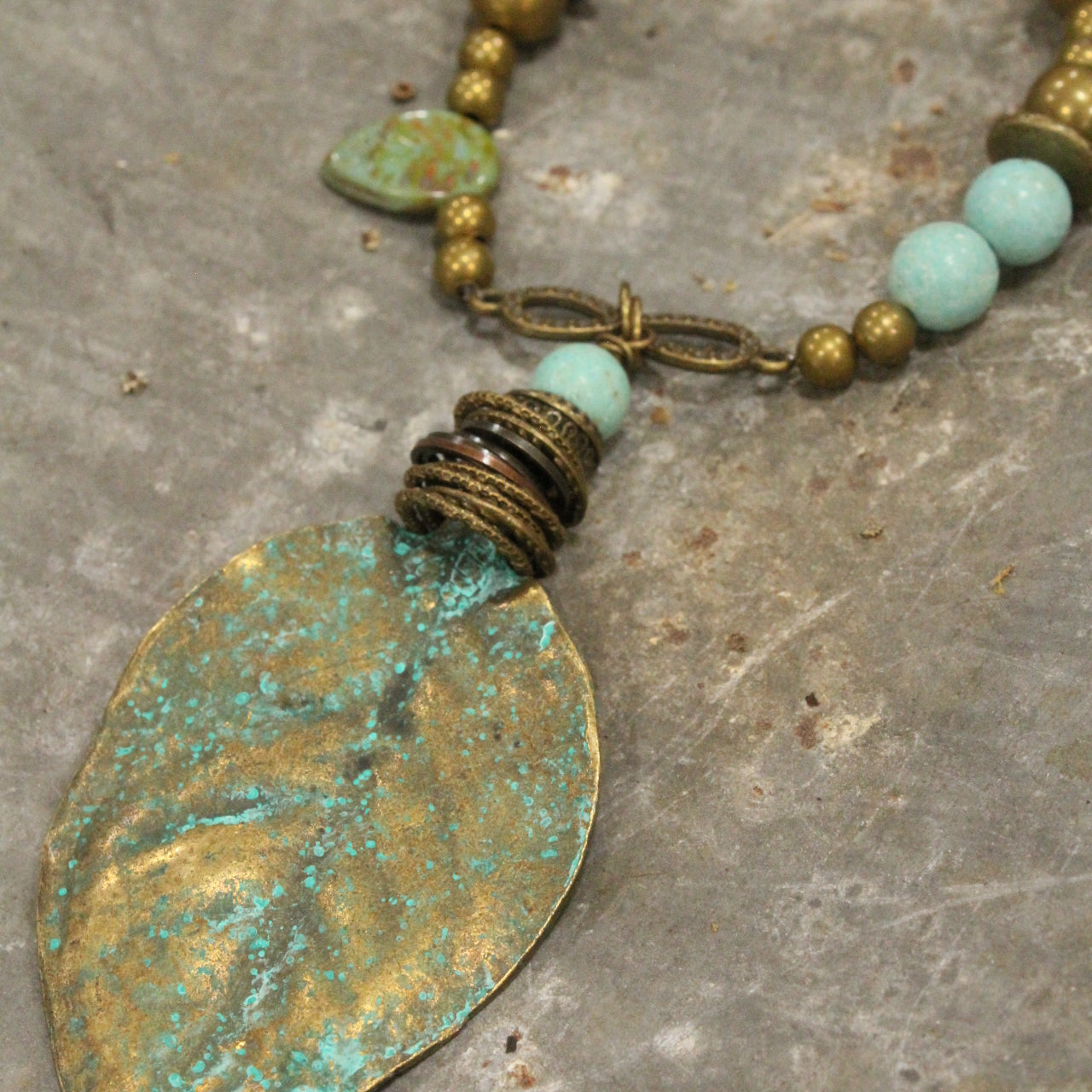 Verdigris Czech & Leaf Fall Pendant Necklace