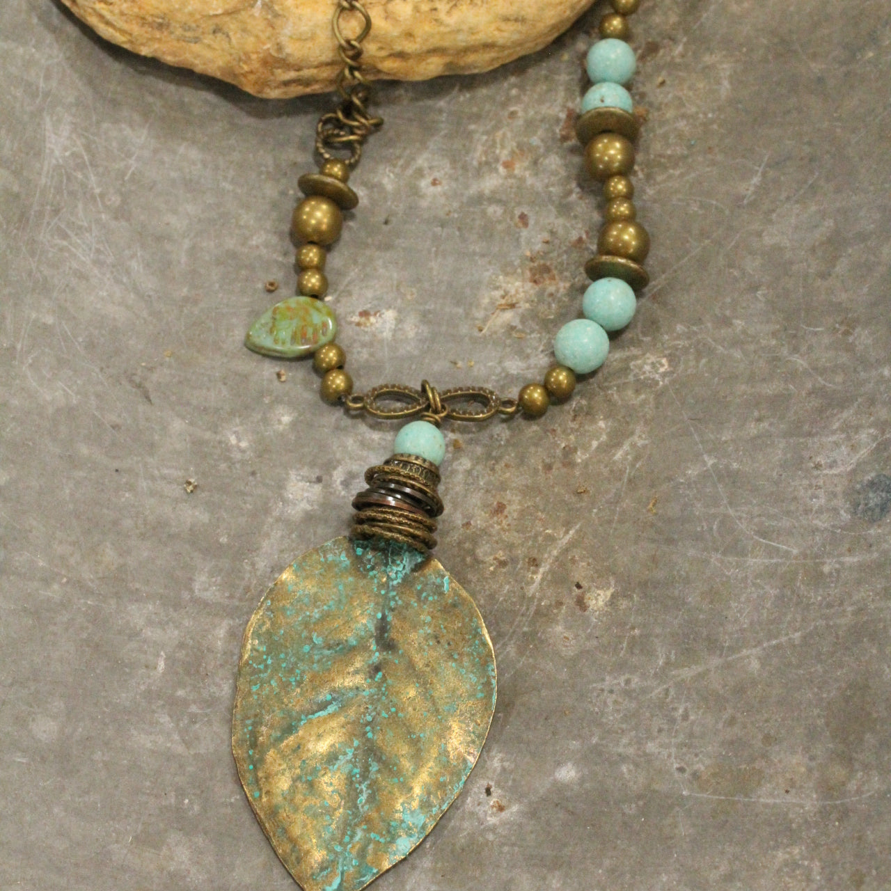 Verdigris Czech & Leaf Fall Pendant Necklace