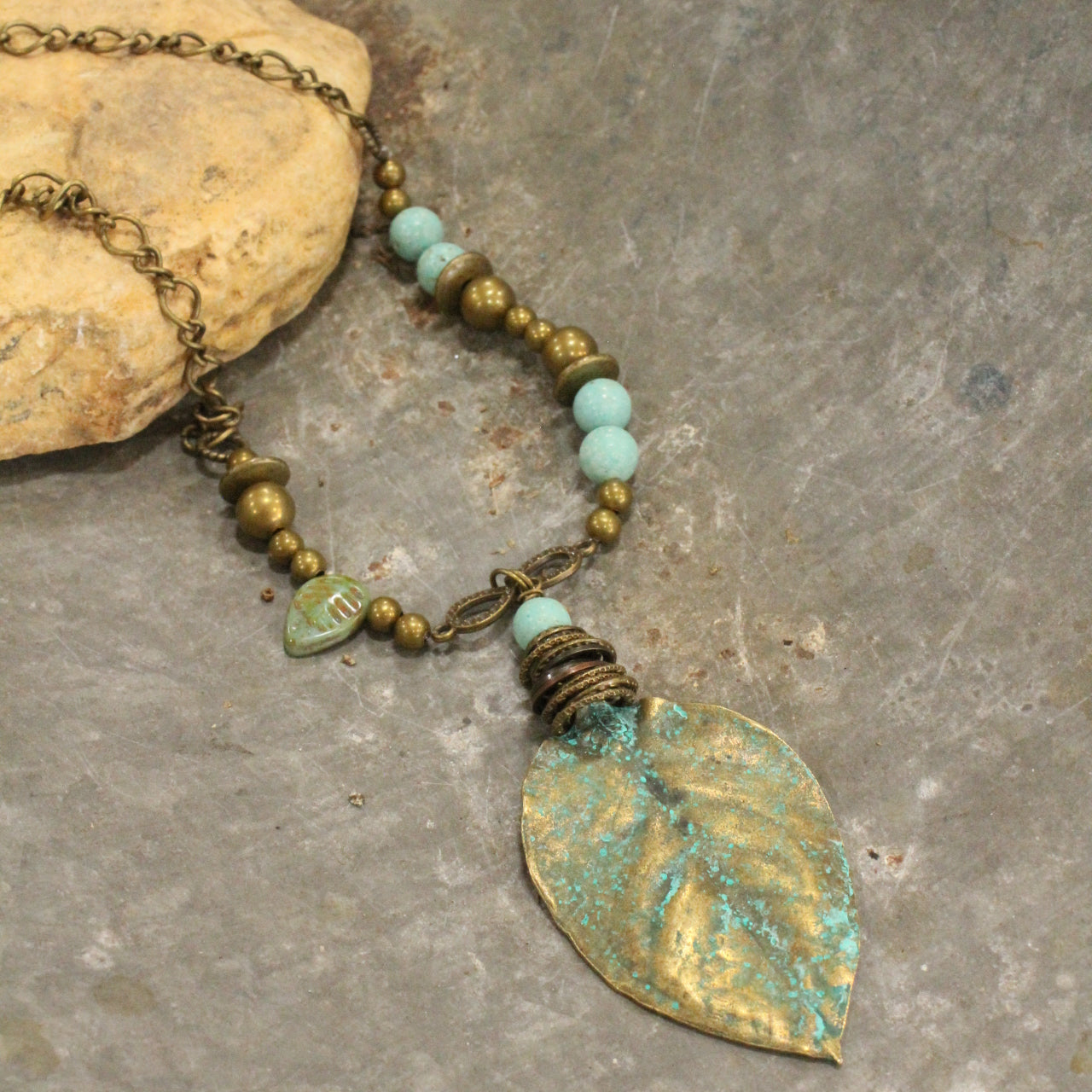 Verdigris Czech & Leaf Fall Pendant Necklace