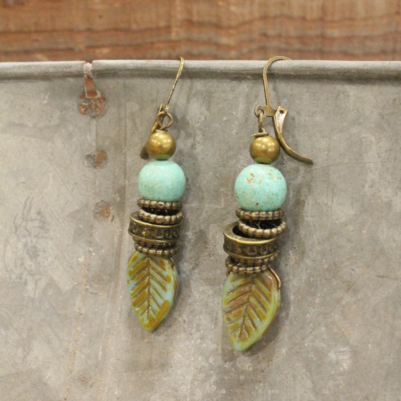 Verdigris Czech Leaf Fall Earrings