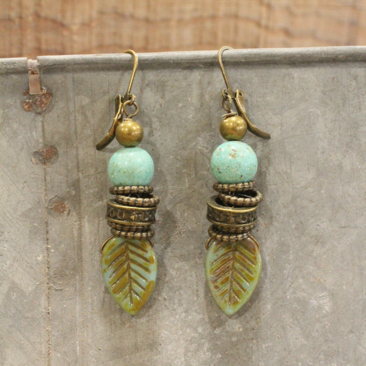 Verdigris Czech Leaf Fall Earrings