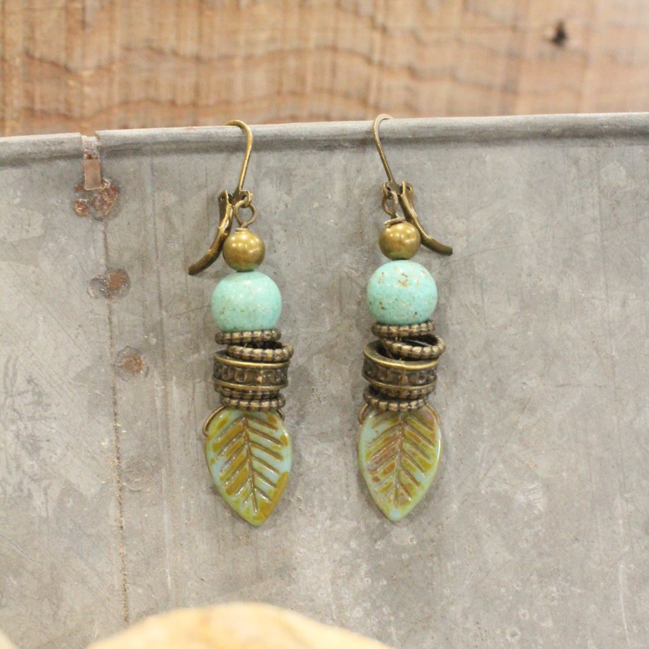 Verdigris Czech Leaf Fall Earrings