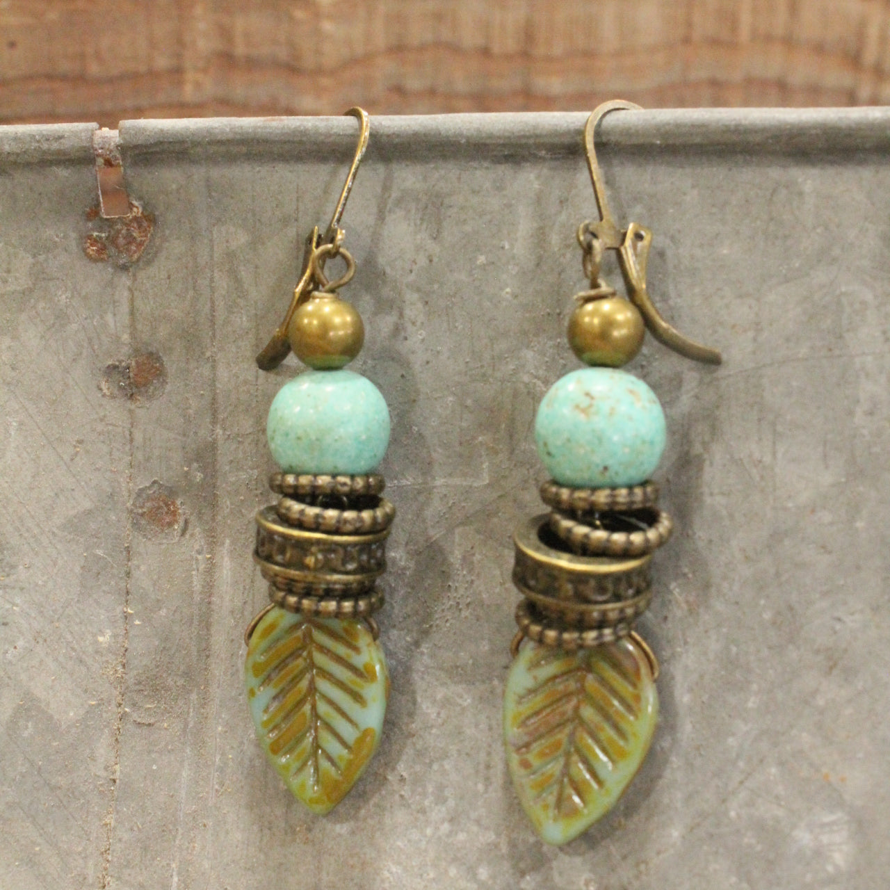 Verdigris Czech Leaf Fall Earrings