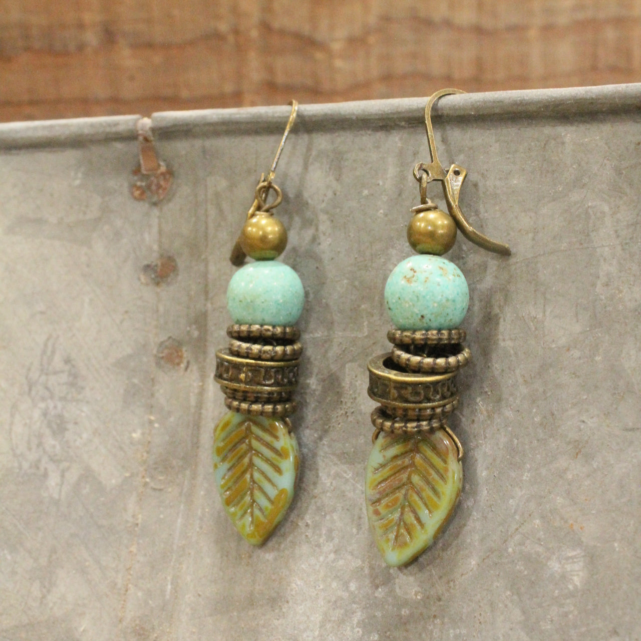 Verdigris Czech Leaf Fall Earrings