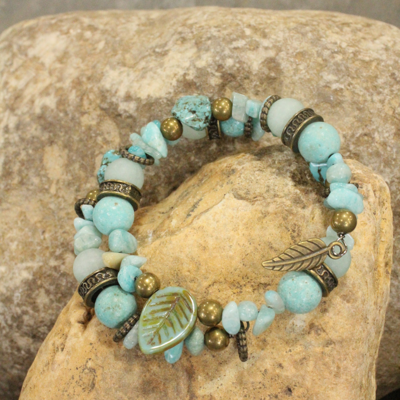 Verdigris Czech & Leaf Fall Wrap Bracelet