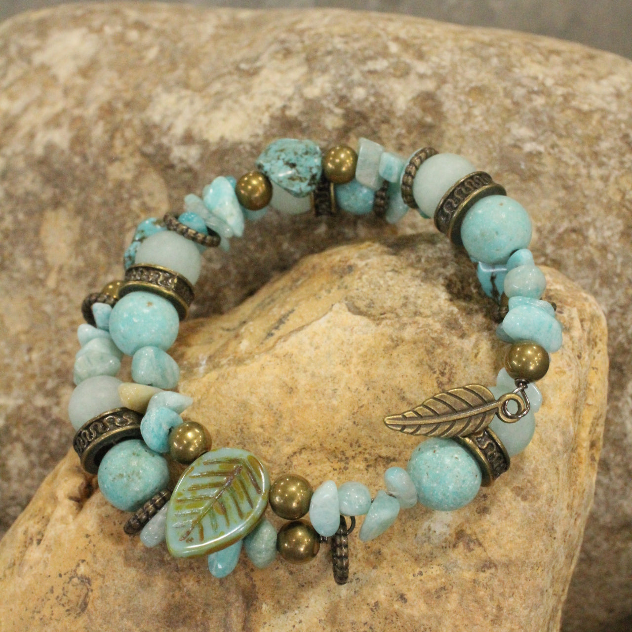 Verdigris Czech & Leaf Fall Wrap Bracelet