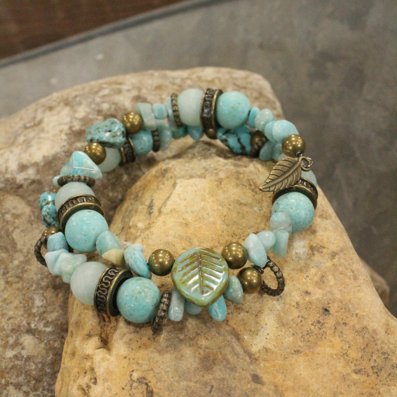 Verdigris Czech & Leaf Fall Wrap Bracelet