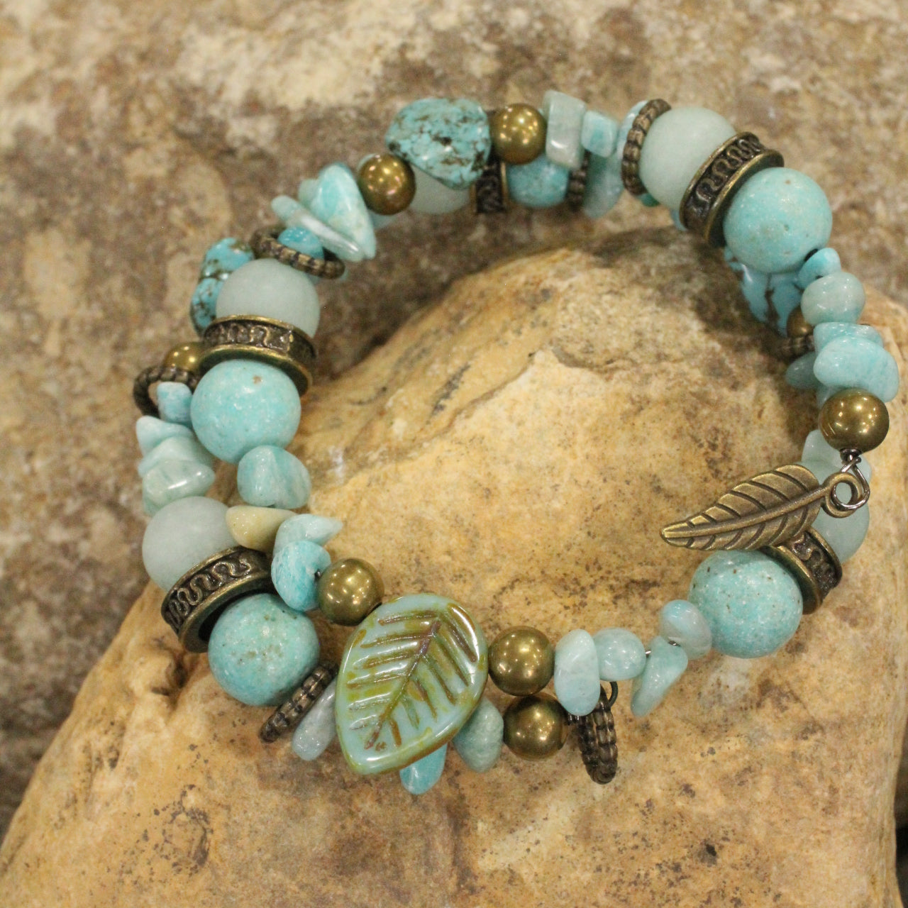 Verdigris Czech & Leaf Fall Wrap Bracelet