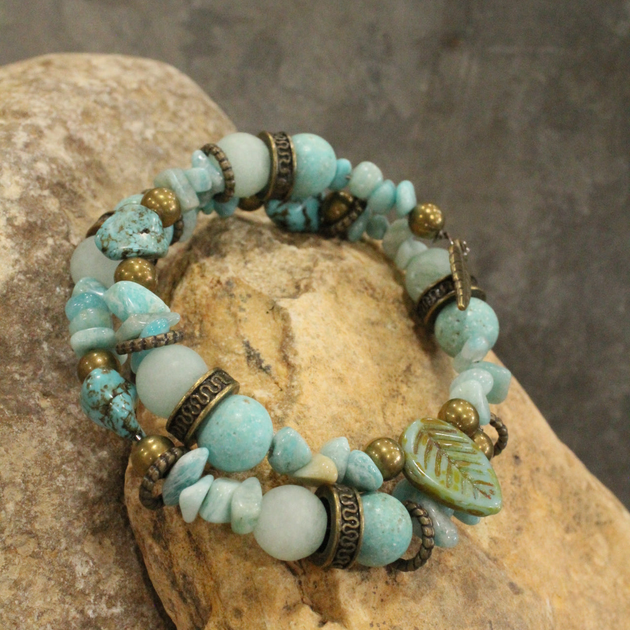 Verdigris Czech & Leaf Fall Wrap Bracelet