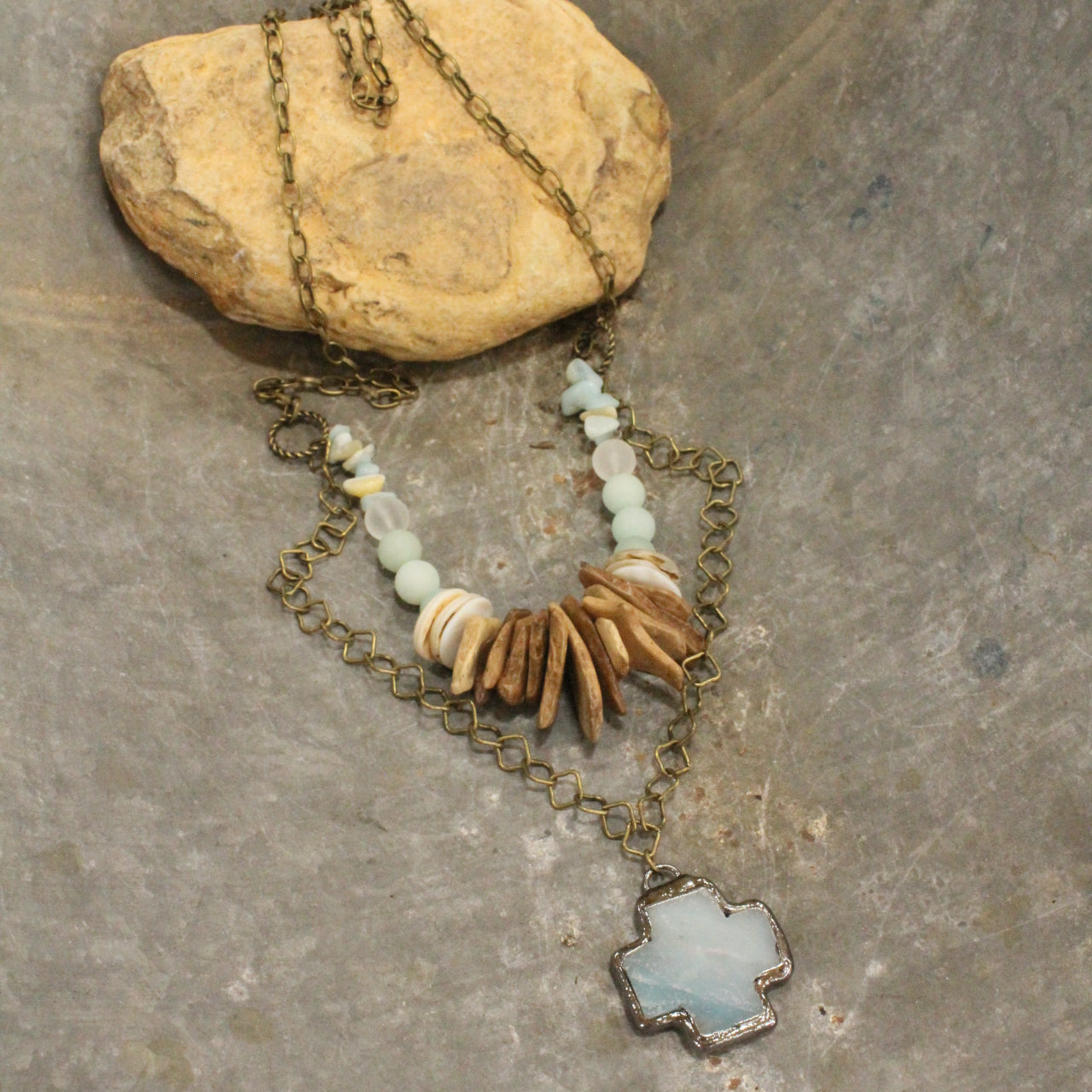 Amazonite & Wood Stone Layered Necklace Set