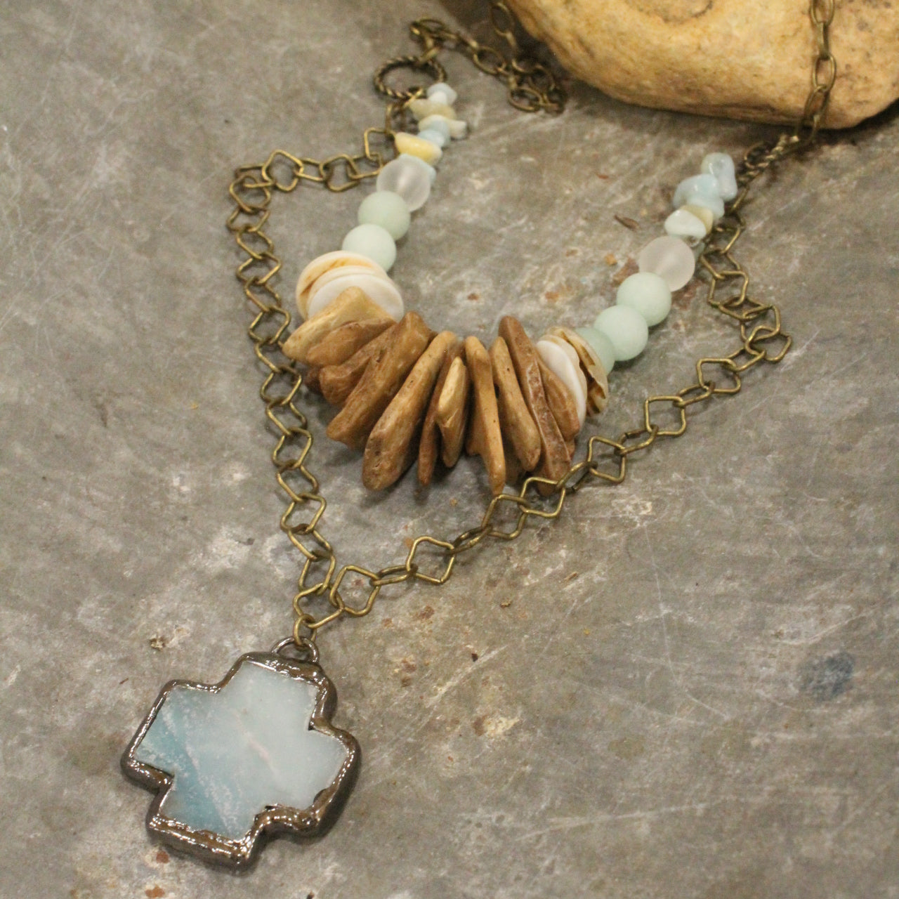 Amazonite & Wood Stone Layered Necklace Set