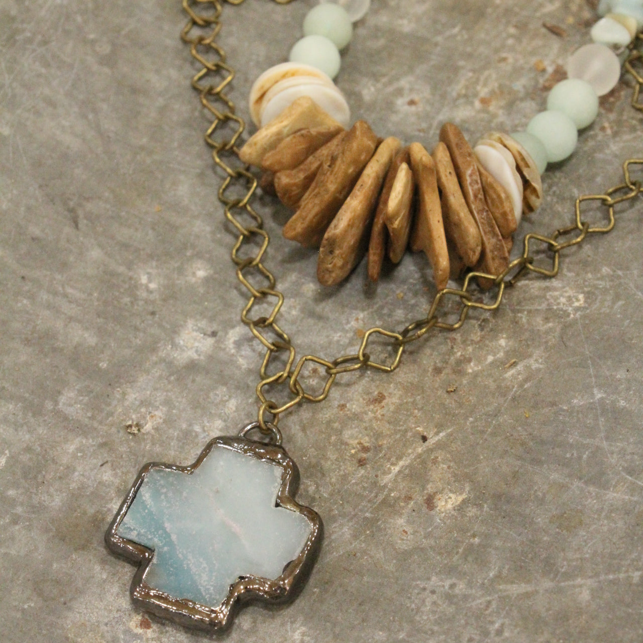 Amazonite & Wood Stone Layered Necklace Set