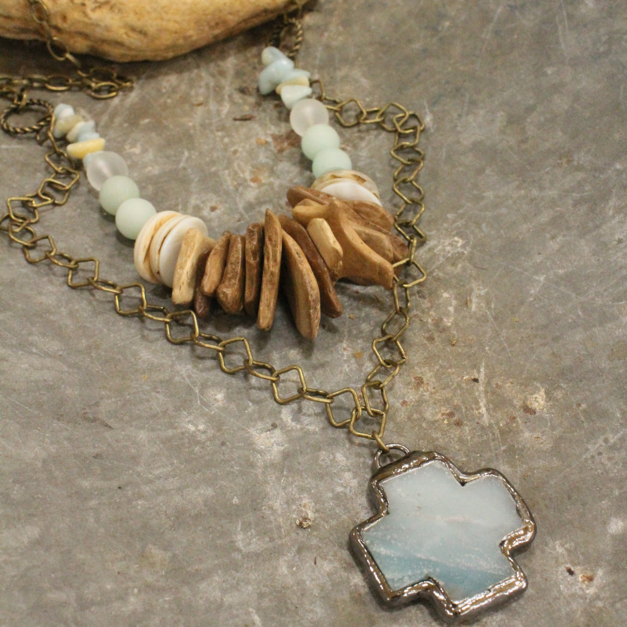 Amazonite & Wood Stone Layered Necklace Set