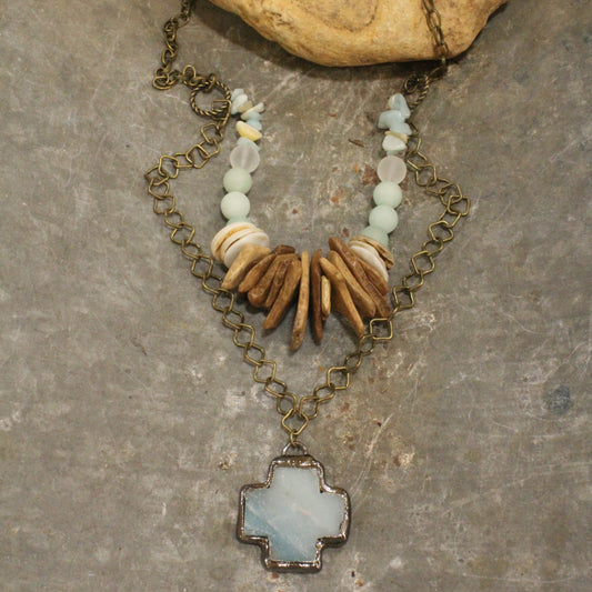 Amazonite & Wood Stone Layered Necklace Set