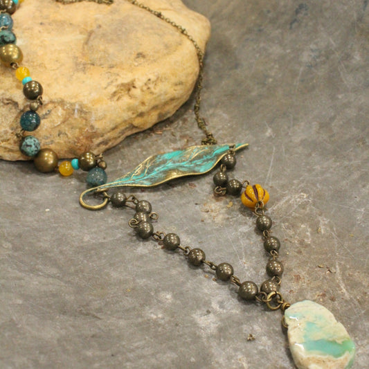 Verdigris & Jade Leaf & Pumpkin Layered Fall Necklace