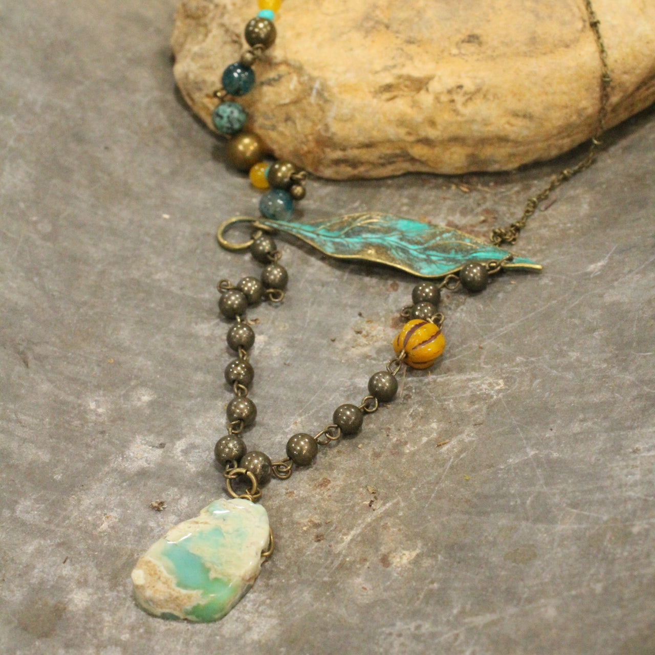 Verdigris & Jade Leaf & Pumpkin Layered Fall Necklace